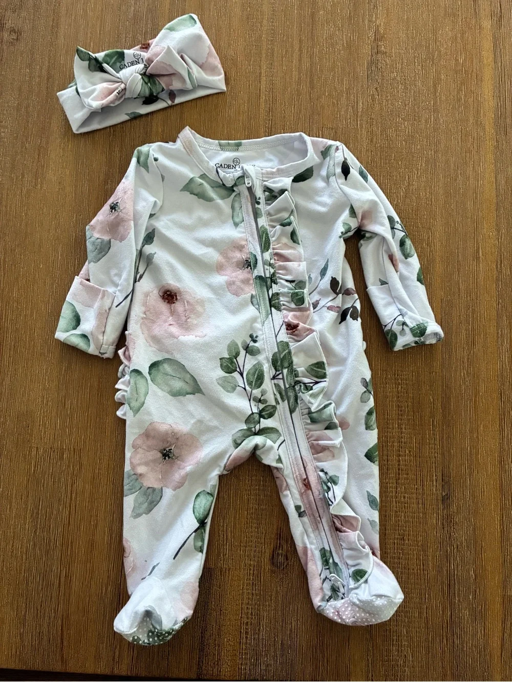 Caden Lane White Floral Ruffle Footed One-Piece with Headband
